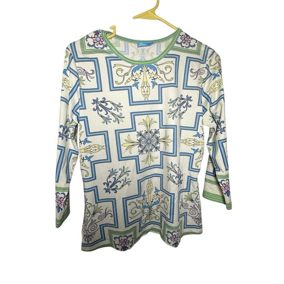J. McLaughlin Catalina Cloth Top Cream Multicolor 3/4 Sleeve Size M *Read* - Picture 1 of 9